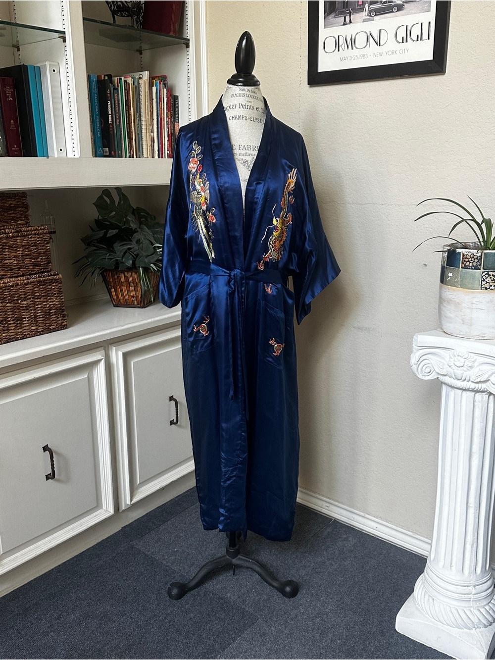 Embroidered Royal Blue Silk Robe - Picture 9 of 15